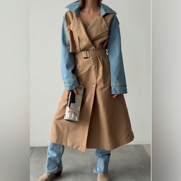 032. Trench Coat Jacket beige with denim sleeve - Picture 1 of 11